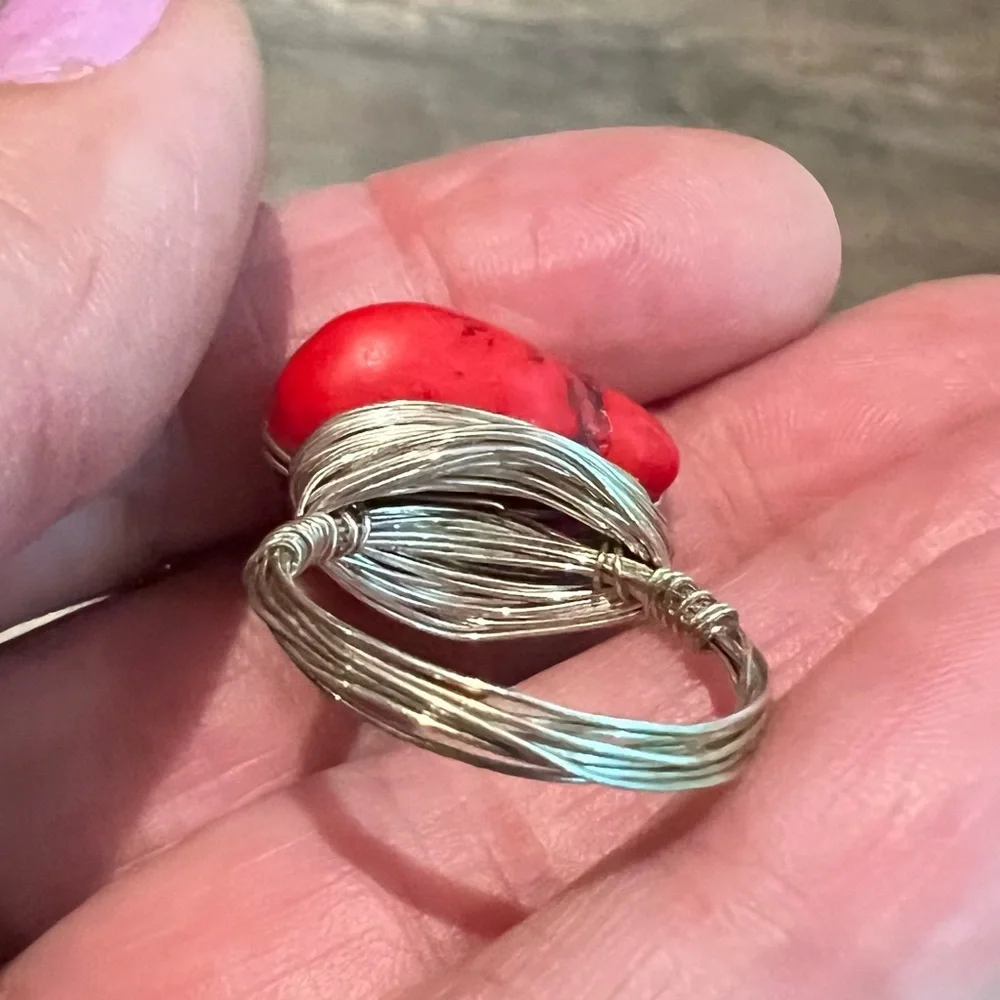 Red Coral Stone Silver Nest Ring Size 9 boho southwestern western artisan